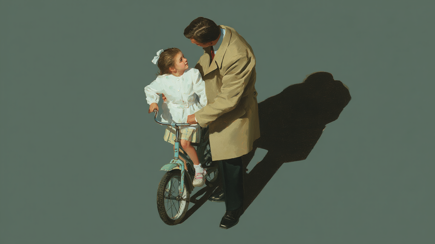 Una niña con vestido blanco sentada en una bicicleta celeste. El padre de pie junto a ella sosteniéndola, vistiendo un abrigo beige sobre fondo verde.