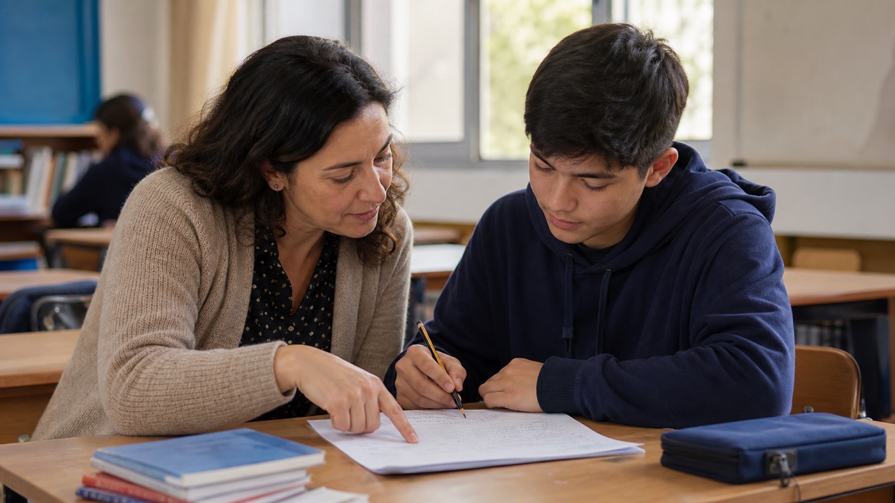 Docente y estudiante revisando juntos una página de escritura con una única anotación manuscrita focalizada.