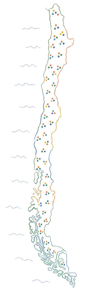 Un mapa de Chile dibujado a mano, con círculos de docentes de norte a sur