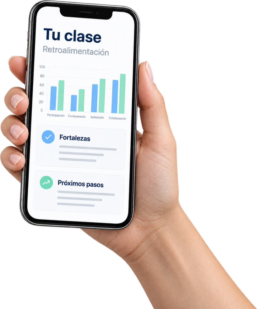 Una mano sostiene un teléfono con el informe de la clase