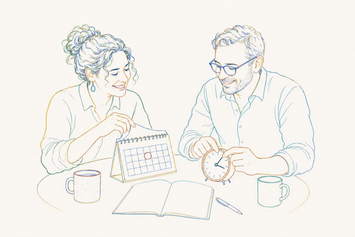 Ilustración a lápiz de dos docentes eligiendo fecha y hora con un calendario y un reloj