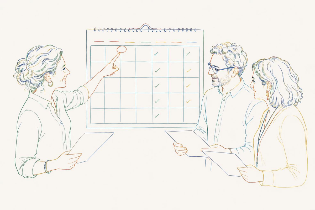 Ilustración a lápiz de docentes frente a un calendario de pared compartido