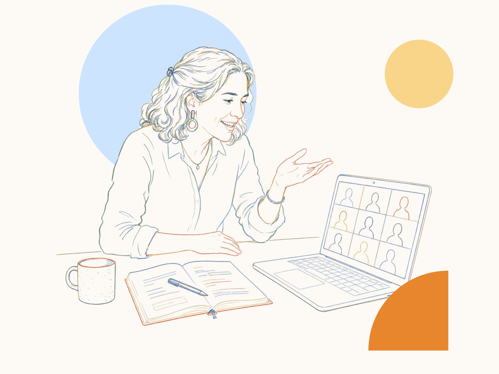 Ilustración a lápiz de color: una instructora dicta una sesión en vivo de Circles desde su computador, con el grupo de docentes participantes en la pantalla.