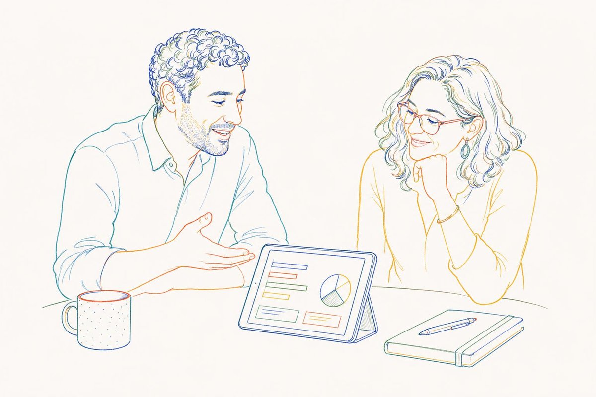 Coloured pencil illustration: a mentor and a teacher reviewing a class report together on a tablet