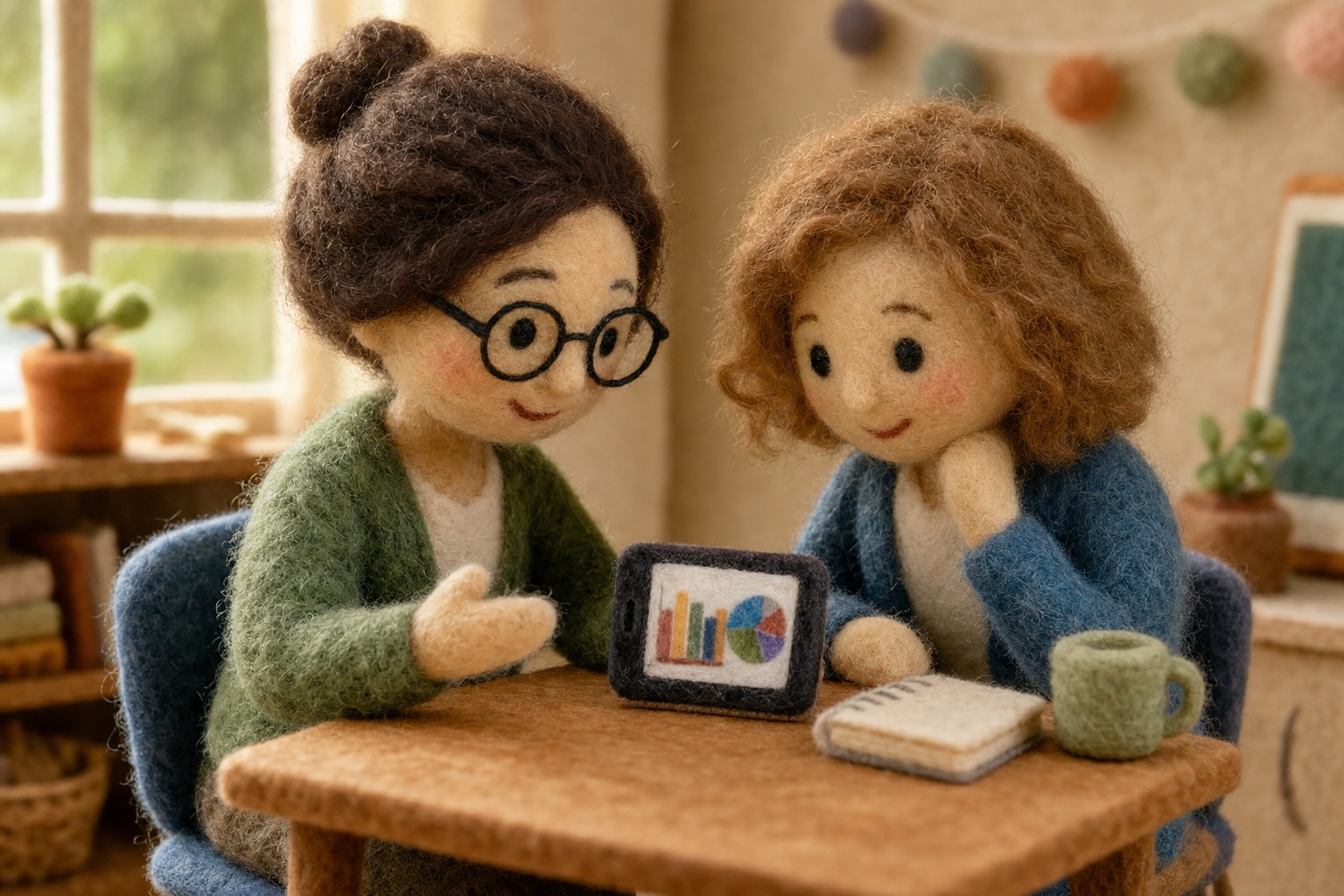 Diorama de lana: una mentora y una docente revisan juntas un reporte de clase