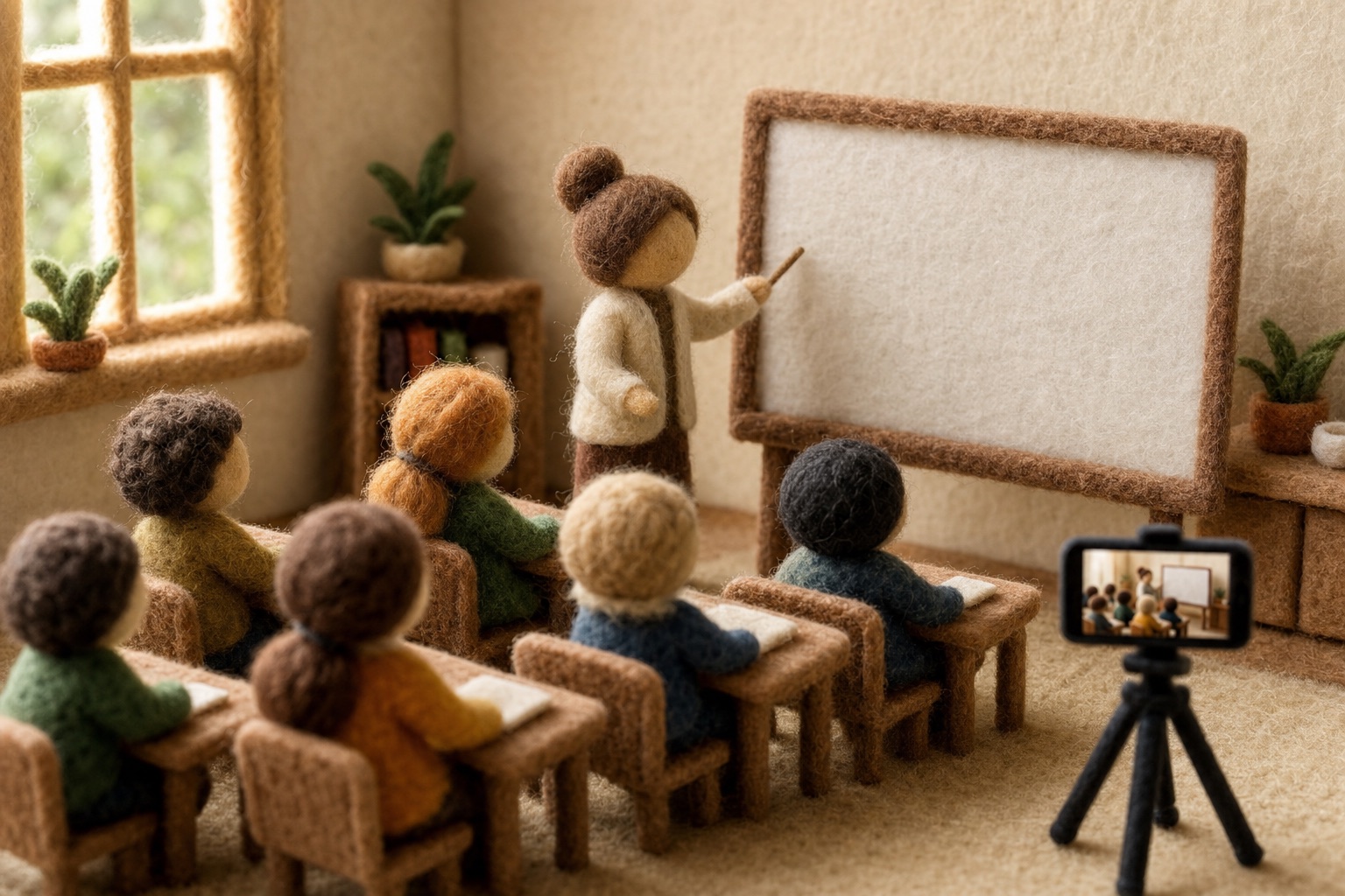Diorama de lana: una profesora hace clases mientras un teléfono en trípode graba desde la esquina de la sala